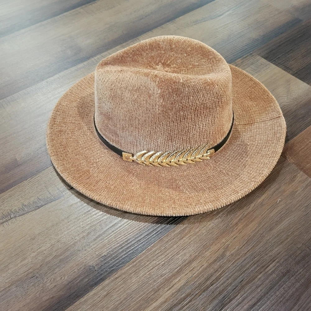 Brown Corduroy Women's Hat with Gold Leaf Accent